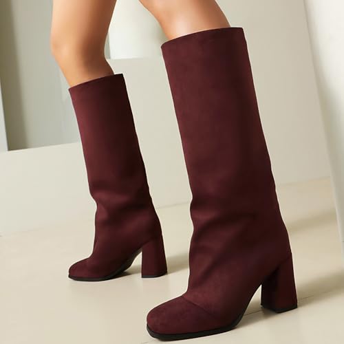 Women's Knee High Suede Square Toe Boots-Chunky Block Heeled Boots3