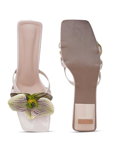 Image of TRYME Floral Embellished Slip-On Kitten Heel Sandals for Women & Girls|Comfortable Light Weight Open Toe Sandals