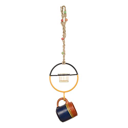 Image of Terracotta Blue Cup Hanging Bird Feeder | Hanging Outdoor Bird Feeder | Earthenware Bird Feeding