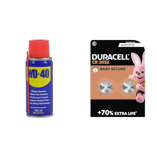 WD-40 Multi-Use Product Original Spray Can, 100ml - Handy Can for Home and Toolbox & Duracell CR2032 Lithium Coin Batteries 3V (2 Pack) - Up to 70% Extra Life*