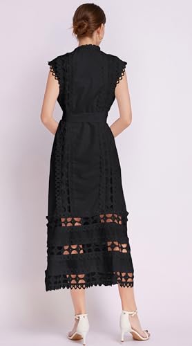 Image of LAI MENG FIVE CATS Women's Sleeveless Hollow Out Lace Button Up Casual Midi Party Dress with Belt