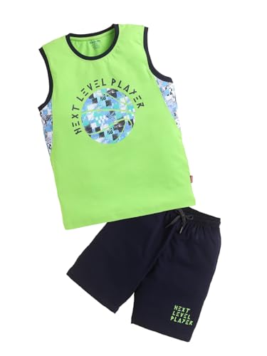 Image of Bumchums Boys Sleeveless Round Neck T-Shirt and Pant Set for Boys, Casual Clothing Set, Trendy and Cute, Graphic