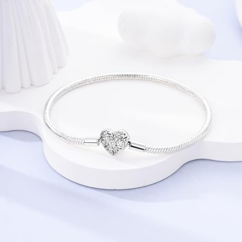 Charm Bracelet for Women Sterling Silver, Heart Clasp Snake Chain Bracelet Travel Charm Moments European Bracelet Jewelry Compatible with Pandora Charms, Gift for Her2