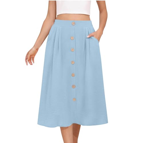 Womens Midi Skirts Button Front Casual Summer Skirt High Waisted A Line Work Skirts Flowy Beach Skirts with Pockets
