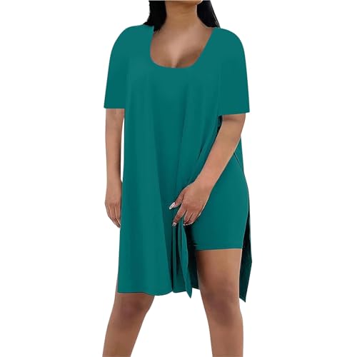 Conjunto de pantalones cortos y top para mujer, talla grande, casual, cuello cuadrado, abertura lateral, ligero, conjunto de pantalones cortos y pantalones cortos, conjunto de chándal para mujer