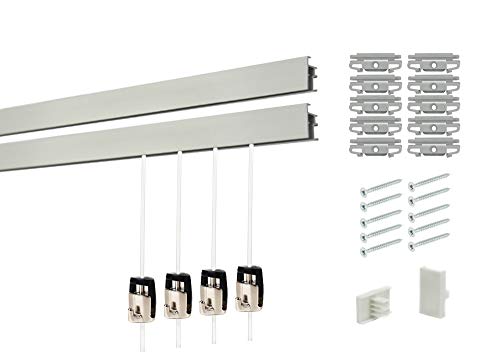 Review Shades Superior Design Clicktrack Heavy Duty Picture Hanging System Kit (2 Rails 4 Hooks and Clear Cords, Matte Silver Rails)