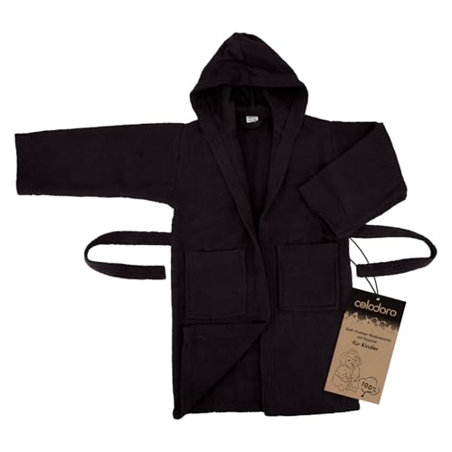 Celodoro Kinder Bademantel mit Kapuze Baumwolle - Schwarz 158-164