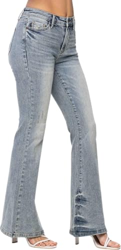 Judy Blue Women's Mid-Rise Tinted Pin Tack Detail Flare Jeans (Medium Blue, 22 Plus)2