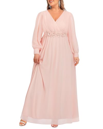 Image of Pinup Fashion Women Plus Size Formal Dresses - Long Sleeve Evening Gown Applique Chiffon Maxi Dress