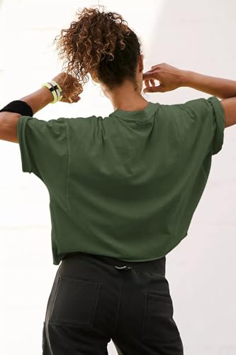 Image of HUGOOME Womens Oversized Workout Crop Top Casual Short Sleeve Boxy Roll Hem | Basic Half Split Sleeve Drop Shoulder Loose Yoga Running Gym Tee Cropped T-shirt Solid Trendy Relaxed Daily Tee