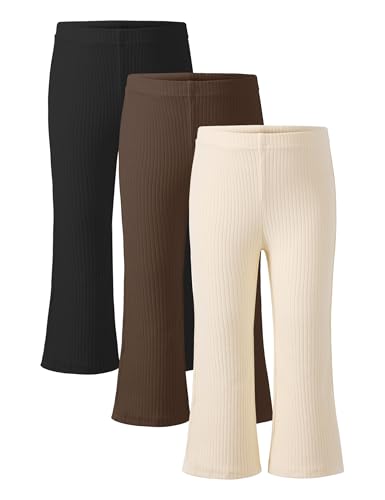 ZUEMET 3 Pack Toddler Girl Flare Pants Baby Girls Ribbed Leggings Infant Bell Bottoms Clothes Size 5T Black+Brown+Beige