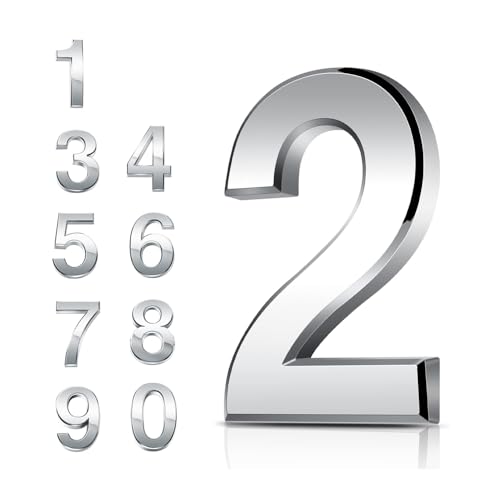 Door Numbers 0-9, 3 Inches 3D House Number Chrome Adhesive 7.6cm Self Stick Waterproof Plaques Chrome Electroplated Nameplate Stickers for House Wall Mailbox Hotel Rooms Address Gate Numerals (2)