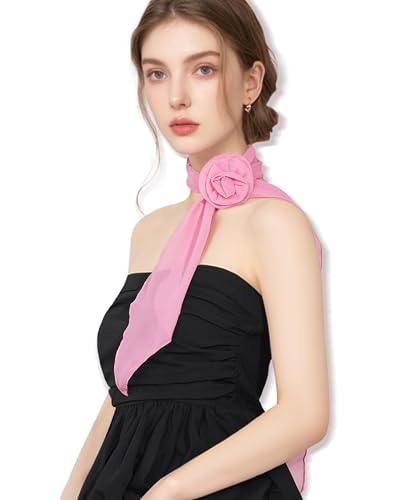 JENSVOIR Chiffon Scarf for Women Pink Removable Flower Neck Scarf Light Soft Fashion Rose Scarves Versatile Headband or Hair Band