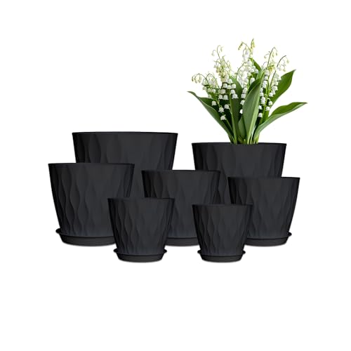 LESOASIS Plant Pots, Plastic Flower Pots for Indoor & Outdoor Plants, Planters with Drainage Holes and Saucer, Garden Pot for Plants (Black 7/6.5/6/5.5/5/4.5/4 inch)