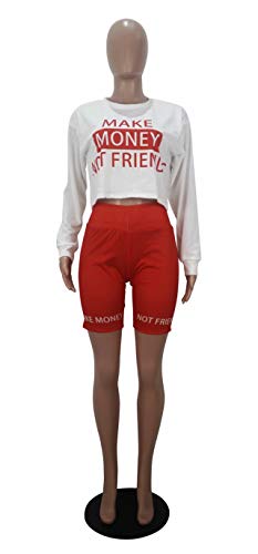 Women 2 Piece Outfits Romper Long Sleeve Letter Print Shirts + High Waist Biker Shorts Tracksuit Set Red Red S