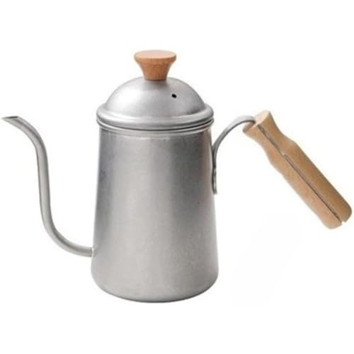 LAJOKING ドリップポット、コーヒーハンドブリューワー 650ml 木製ハンドル 蓋付き 直火式 細口 304ステンレススチール おしゃれ 電磁対応 直火/カセットコンロ/ガスコンロなど対応 ドリップコーヒー アウトドア キャンプ ドリップ (A)