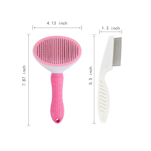 Image of Cat Brush with Release Button, universal for cats and dogs, one click release, brush and flea comb combination set,Pet Hair Comb Tear Stay Removal, knotted skin floating hair tangled fleas (Pink)