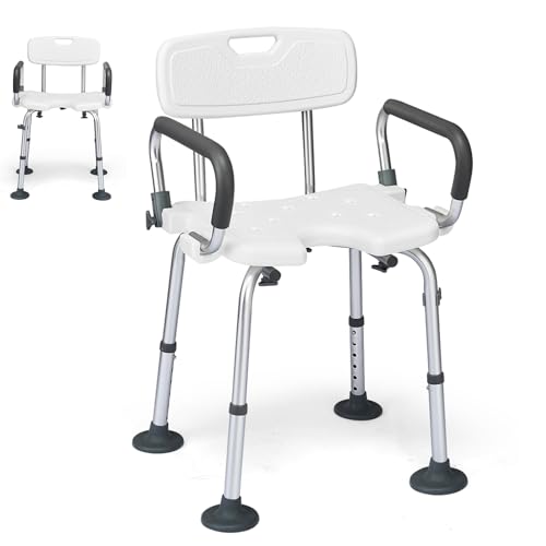 Asiento de ducha, taburete de ducha ajustable en 6 niveles con brazos desmontables, respaldo y hebilla de ducha, silla de ducha antideslizante para bañera, ideal para personas mayores, discapacitad