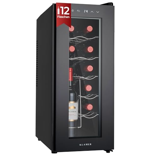 KLAMER Weinkühlschrank 12 Flaschen Getränkekühlschrank 34 L 518C Präzisionskühlung Thermoelektrisch UV-Schutz Glastür Touch Display Weinkühler leise 37 dB