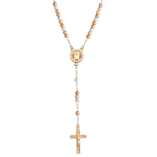Women Rose Gold Plated Beads Catholic Rosary Chain Y Necklace with Gift Box