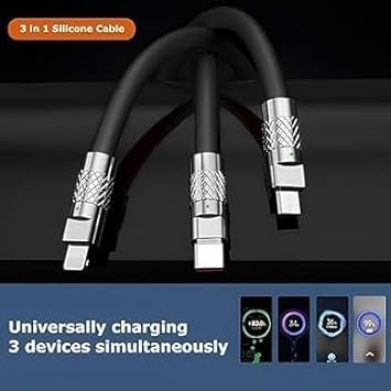 Image of 3 in 1 Fast Charging Data Cable, 120W Portable Charger Cord with USB Type-C, Light-ning & Micro-USB Port Compatible with, iPad, Smartphone, Tab and Other Devices - Black (DEC192)