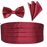 RR DESIGN Formal Satin Cummerbund and Bow Tie Set, Pleated Waist Sash for Tuxedo, Burgundy