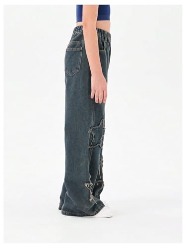 OYOANGLE Girl's Elastic High Waist Wide Leg Jeans Y2K Ripped Pattern Denim Pants with Pocket3