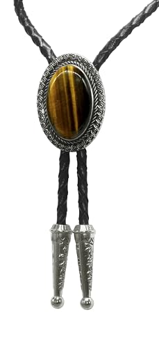 Image of Moranse Bolo Tie with Natural Tiger Eye Stone Celtic Style Genuine and Cowhide Rope