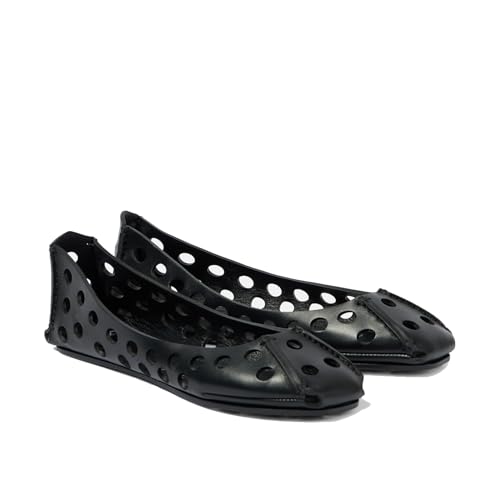 Women's Hollow-Out Leather Ballet Flats - Square Toe Slip-On Fashion Comfortable Mesh Ballerina Shoes for Work, Casual, Daily Wear