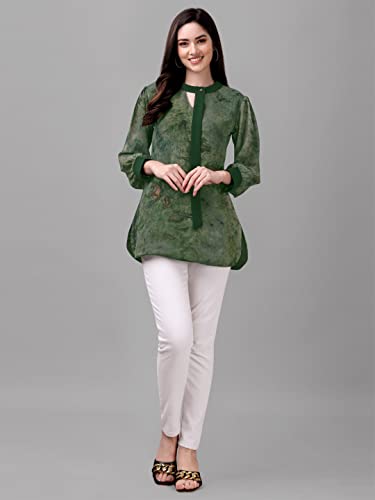 Image of Gufrina Women's Georgette Apple Cut Short Kurti with Long Puff Sleeves Western Style Keyhole Neck Solid Pattern Regular Fit and Mid Thigh Length