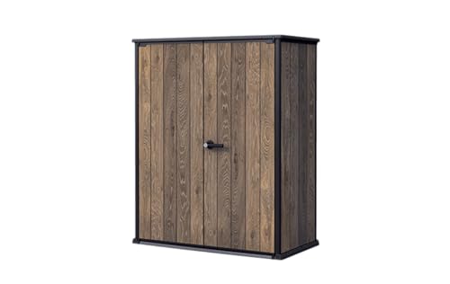 Keter Porte-Outils d'extérieur Vertical Walnut, idéal pour Le Jardin, Finition Effet Bois Noyer, 140 x 73,6 x 170,4 cm, 1400 L