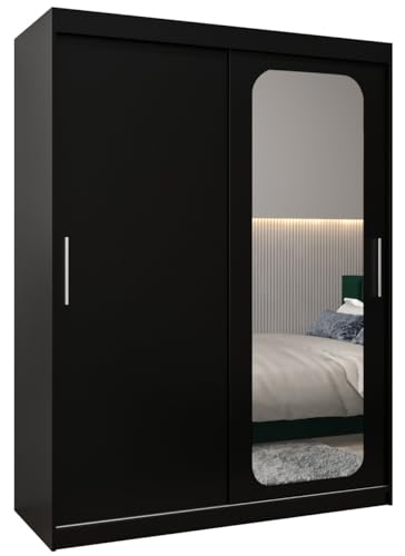 ABIKSMEBLE Promo 2 150 Armario 2 Puertas Correderas para Dormitorio - Armario Moderno con Espejo, Barra y Estantes - 150x200x62 cm (Ancho x Alto x Fondo) - Negro Mate