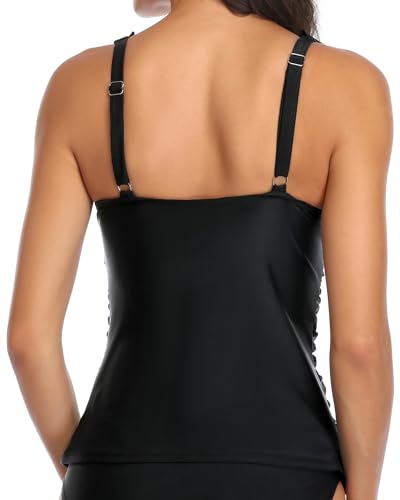 Image of Ruffle V Neck Tankini Top Only Women Tummy Control Swimsuit Tank Top | Removable cups for custom bust lift, Blend soft spandex to stretch easily