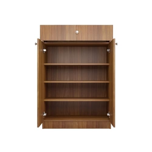 Image of Amazon Brand - Solimo Eva 2 Door Shoe Cabinet | Engineered Wood | Footwear Organizer with 1 Drawer and 4 Shelves | Wooden Shoe Rack for Home & Office | 12 Months Warranty | Leon Teak