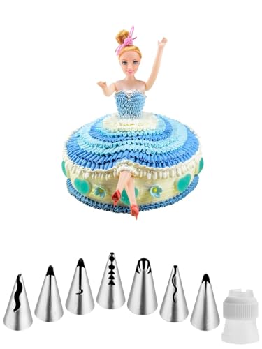 Ruffle Piping Nozzles Set with Coupler- 7 Pcs Russian Ruffle Skirt Icing Piping Tips & Small Piping Coupler for Wedding Dress Cookies and Cakes, Bridal Shower Baking Decoration Kit