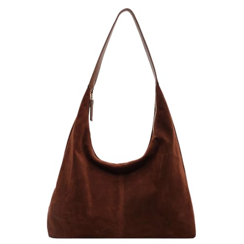 Image of Lushandy Brown Suede Purse Faux Suede Tote Bag Leather Hobo Bags for Women Slouchy Hobo Bag Fall Purse Shoulder Bag