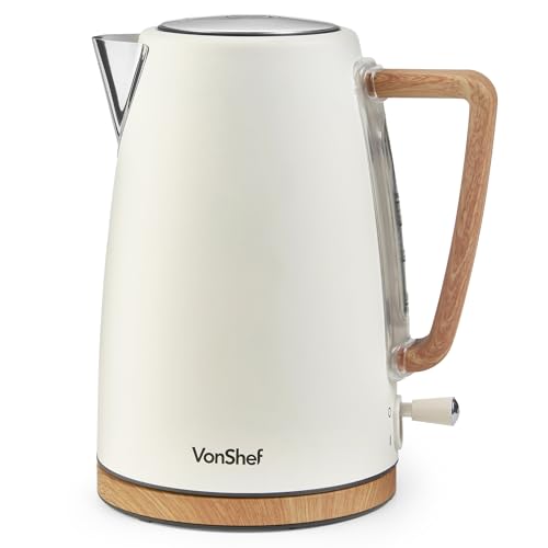 VonShef Rapid Boil Kettle - 1.7L Matte Cream and Wood Effect Kettle 3000W – Boil Dry Protection, Automatic Shut Off, Removable Filter, Cord Storage and 360 Degree Swivel Base - Fika Range