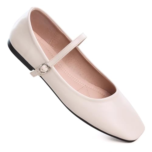 Image of TN TANGNEST Leather Flats for Women Retro Mary Jane Flats | Comfortable Square Toe Slip On Flats with Buckle Strap, Soft Work Flats Office Shoes