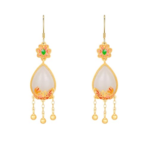 Boucles d'oreilles Hetian jade pour femme à pampilles rondes et longues
