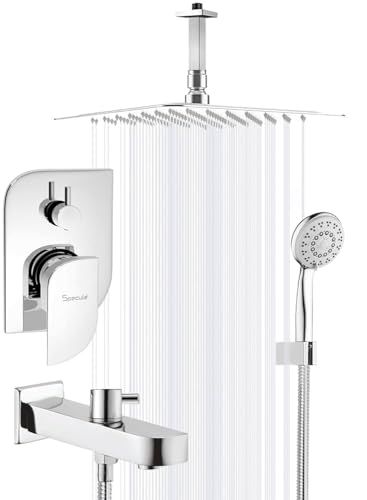 Image of Pure Brass Concealed Body High Flow Diverter Set with Overhead 8x8 Shower for bathroom, Hand Shower and Bath Tub Spout (Alive) (Celing Mount 8x8 Shower Set)