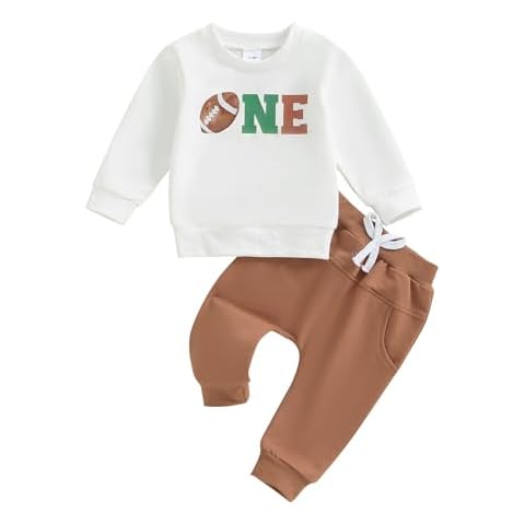 Pudcoco Toddler Baby Boys First Birthday Outfit Football 1st Year Down Sweatshirt and Jogger Pants Set Fall Clothes (White, 12-18 Months) Cover