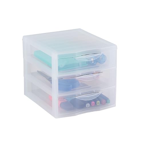 SUNDIS Orgamix, Torre de Almacenamiento de plástico, 3 cajones Transparentes Formato Papel A6, Altura 17 cm, apilable, Ideal para Guardar cosméticos, Joyas, Accesorios y Suministros