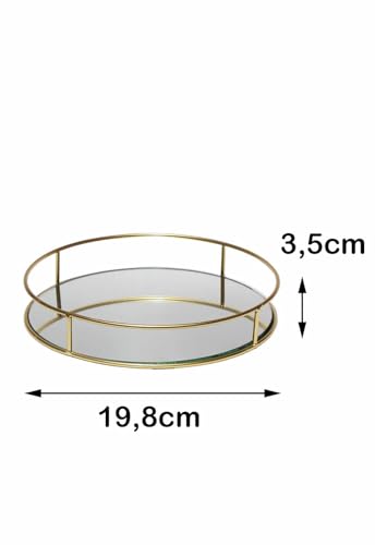 Bandeja Metal com Espelho Redonda Lavabo Banheiro Dourado