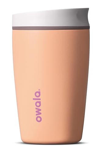 Image of Owala SmoothSip Slider Insulated Stainless Steel Coffee Tumbler, Reusable Iced Coffee Cup, Hot Coffee Travel Mug, BPA Free 12 oz, Peachy Keen