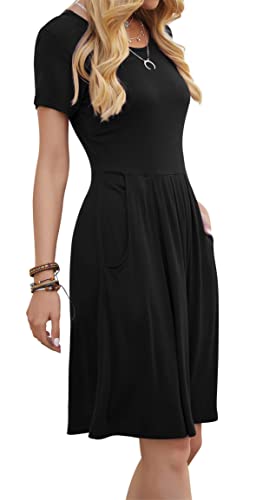 Doubcq Women's Casual Short Sleeve Flowy Pleated Loose Dresses With Pockets (Black, M) #TOP4
