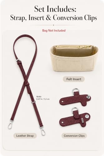 Image of Purse Organizer Insert & Leather Strap Conversion Kit Set, Compatible with Longchamp Le Pliage Mini Bag - Felt Inner Liner & Adjustable Shoulder Strap, Beige Insert & Burgundy Strap