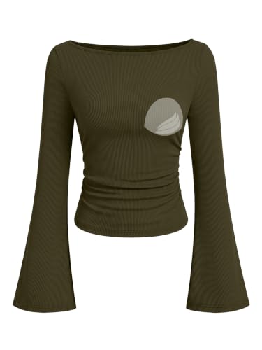 ANRABESS Women Boat Neck Bell Sleeve Shirts Built in Bra Fall Dressy Top - image 1