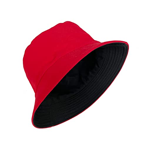 PFFY Reversible Bucket Hat for Women Men Summer Cotton Fishing Sun Beach Cap Black/Red