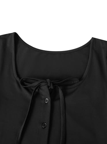 Hilinker Womens Button Down Square Neck Tops Sexy Tie Front Slim Fit Short Sleeve Shirts Black Small