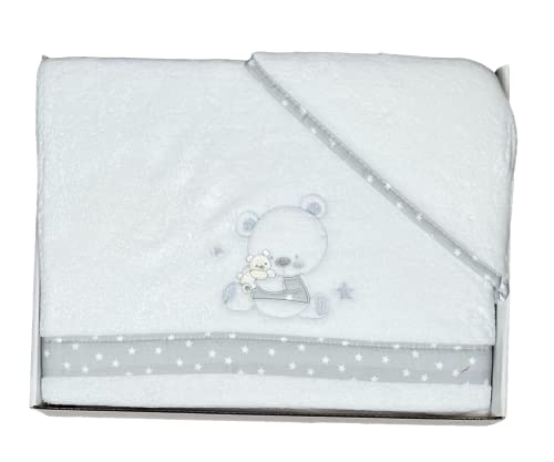 Danielstore Sábanas Cuna Bebé Coralina para Invierno - Extrasuave, Cálida y Mullida - Standard 60x120 (Bajera + Encimera + Funda Almohada) - Oso Bebé Blanco y Gris